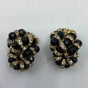 Vtg Sharon Lang rhinestone gold tone black lucite mourning gothic clip earring